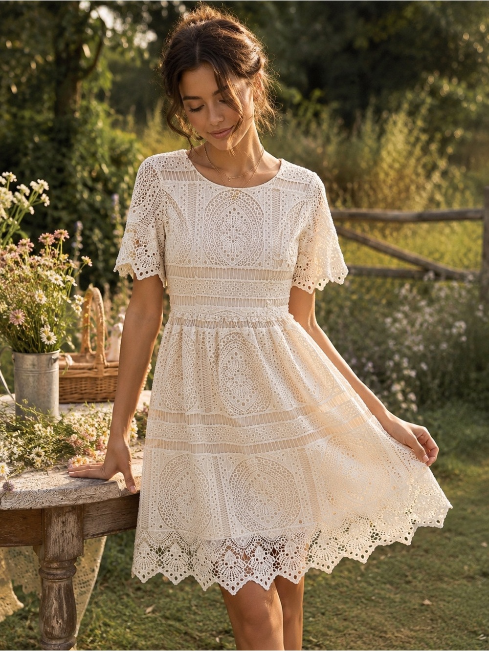 Polagram Ivory Crochet Lace Dress Small Boho Cottagecore Romantic Prairie